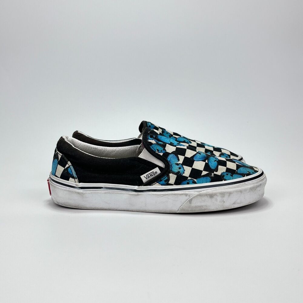 Vans Off The Wall Blue Butterfly Checkerboard Slip-On Skate Shoes